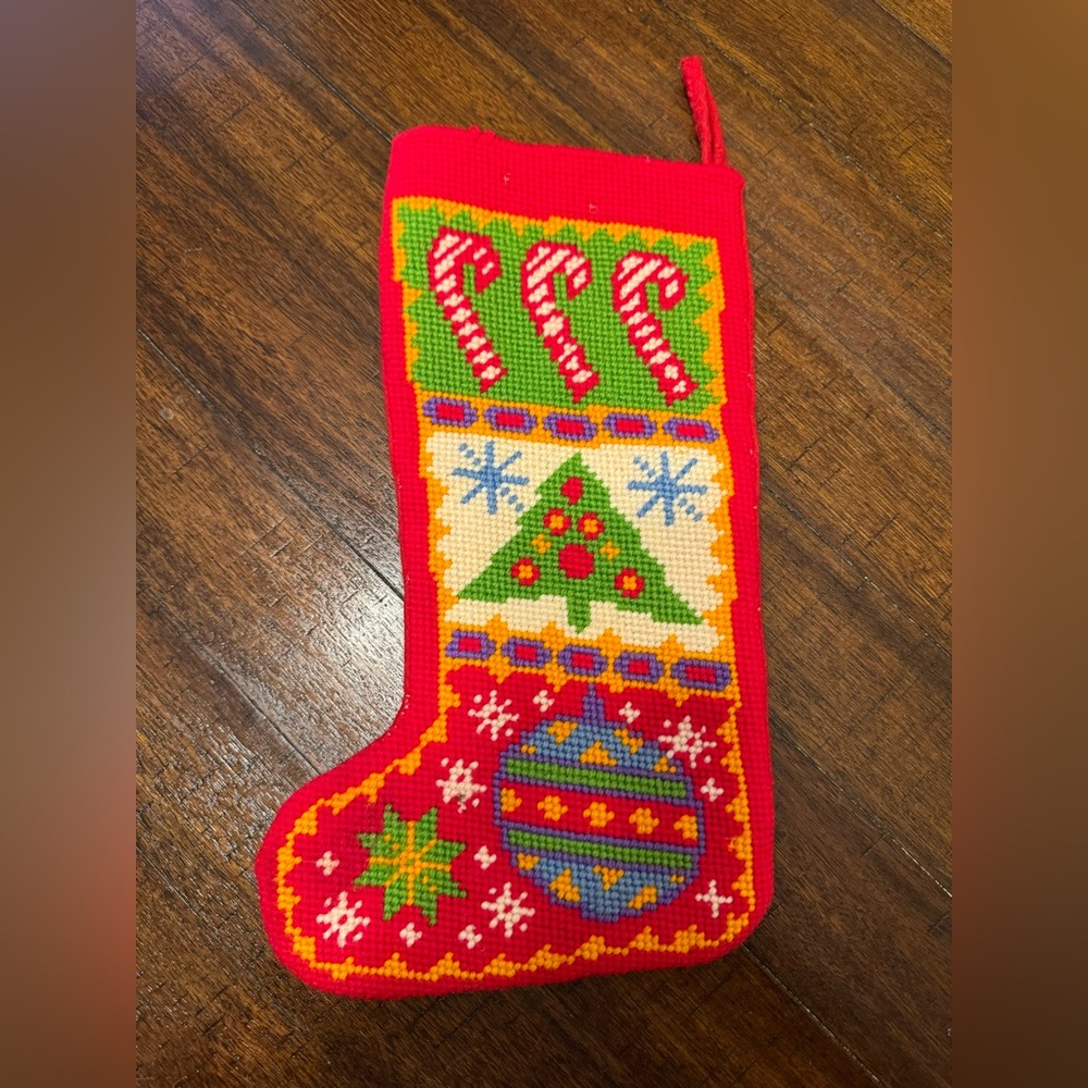 Vintage Hand Embroidered Needlepoint Red Tree Ornaments Candy Canes Stocking B
